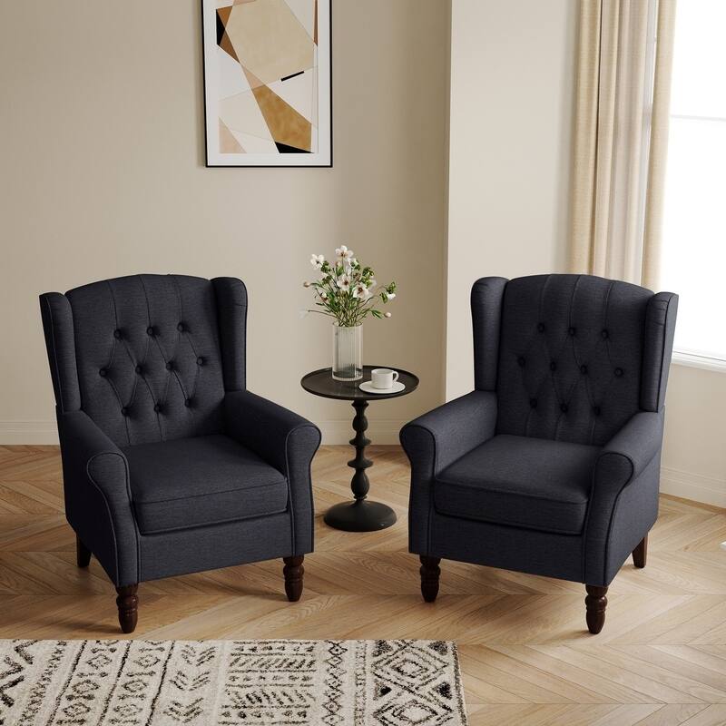 Button-Tufted Accent Club Chair Wingback Armchair Set of 2 - Black Blue
