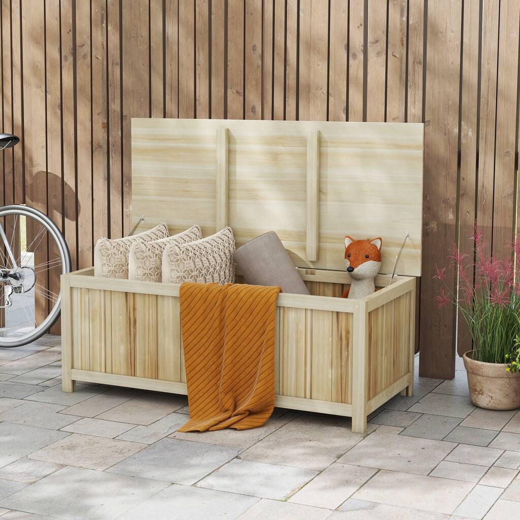 Rustic Farmhouse Solid Fir Wood Storage Deck Box with 4 Wooden Legs and Lid for Porch Patio and Poolside​