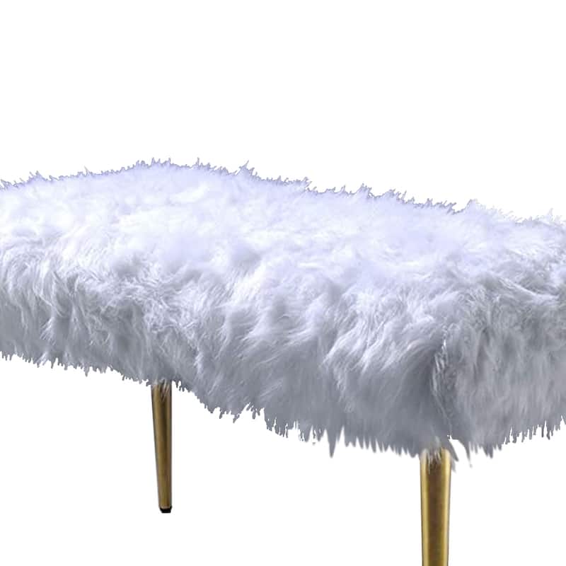 Modern Style Faux Upholstered Metal Bench with Tapered Legs, White and Gold