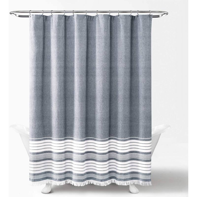 Navy Nantucket Yarn Dyed Cotton Tassel Fringe Shower Curtain