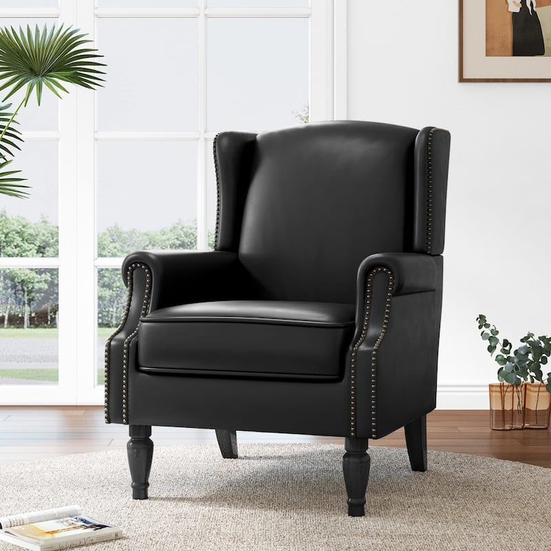 Mid-Century Modern Linen/ Vegan Leather Wing Back Accent Chair - Black-Faux Leather