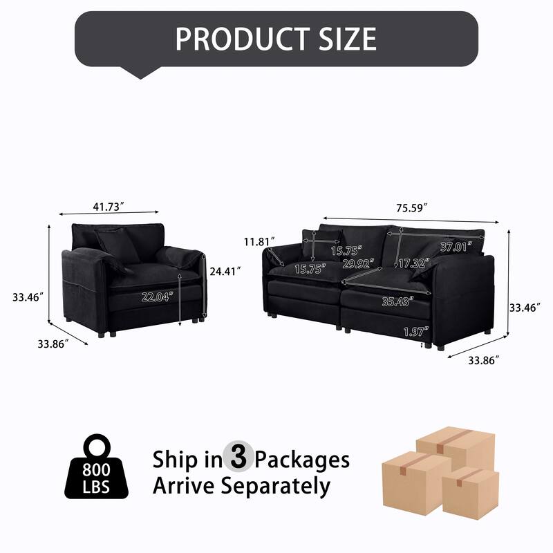 Chenille Upholstered Couches Set of 2 with Loveseat Sofa and Armchair, Deep Seat Sofas with Thickened Seat Cushions and Pockets