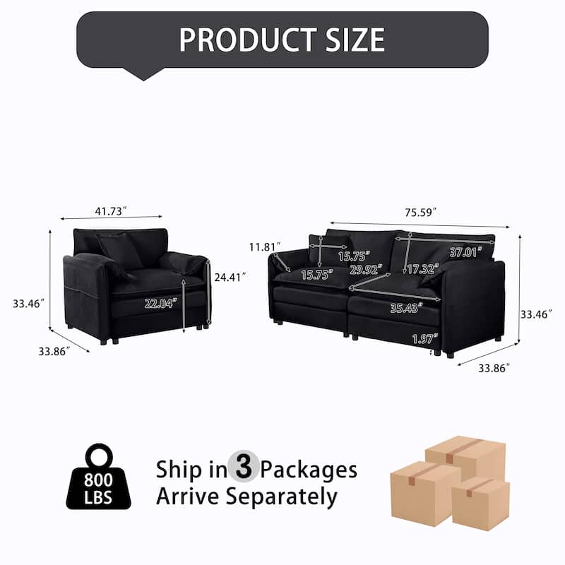 GDFStudio - Chenille 2 Piece Loveseat Couch & Sofa Armchair Set with 3 Pillow