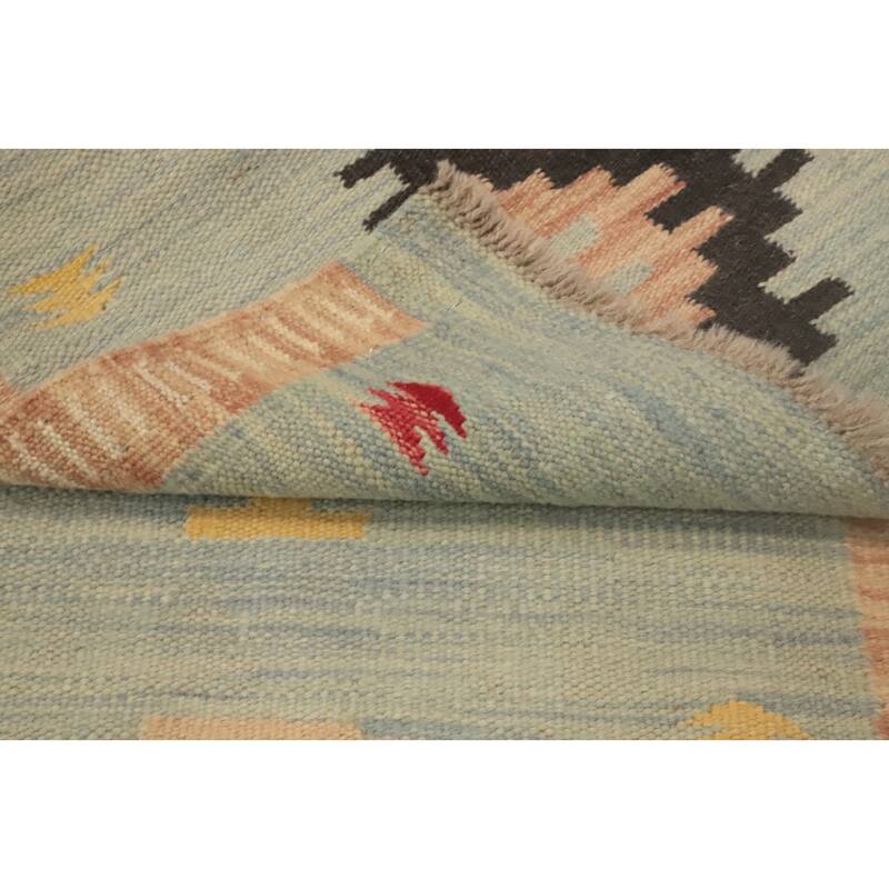 Hand Woven Oriental 100% Wool Carpet Southwestern Tribal Navy Blue & Blues Kilim Runner Rug - 8' 1'' X 2' 0''