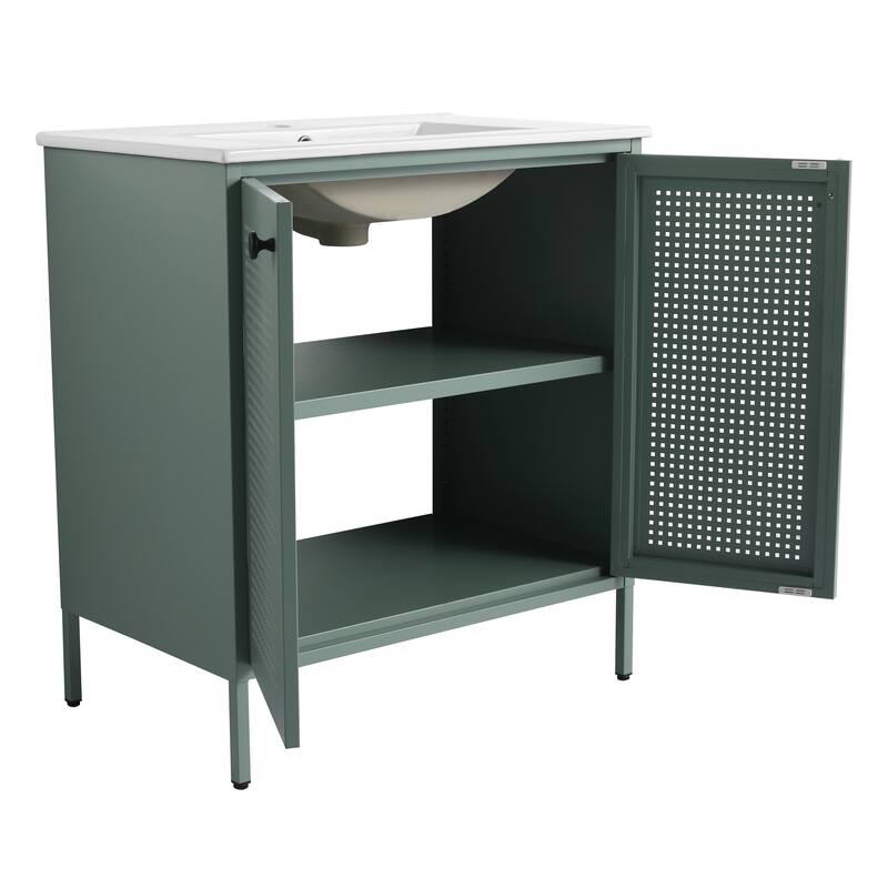 Freestanding Bathroom Vanity with Ceramic Sink, Adjustable Shelves, Cold Rolled Steel Cabinet, Double Door Design, Modern Style