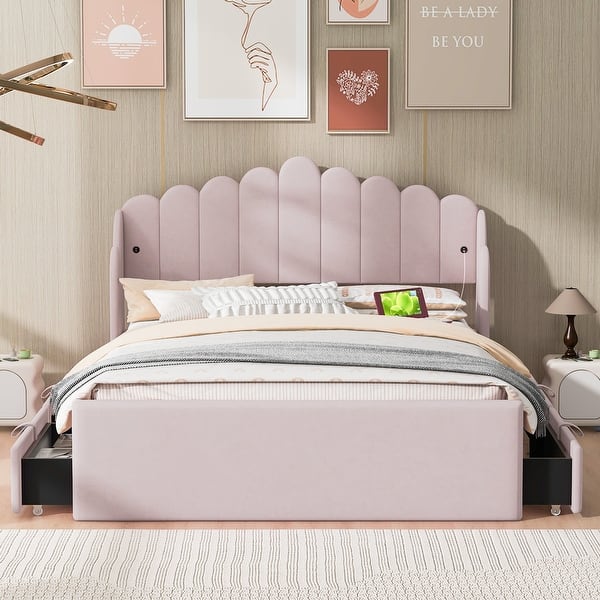 slide 2 of 28, Full Upholstered Platform Bed with Four Drawers & USB Ports - Modern Comfort Pink