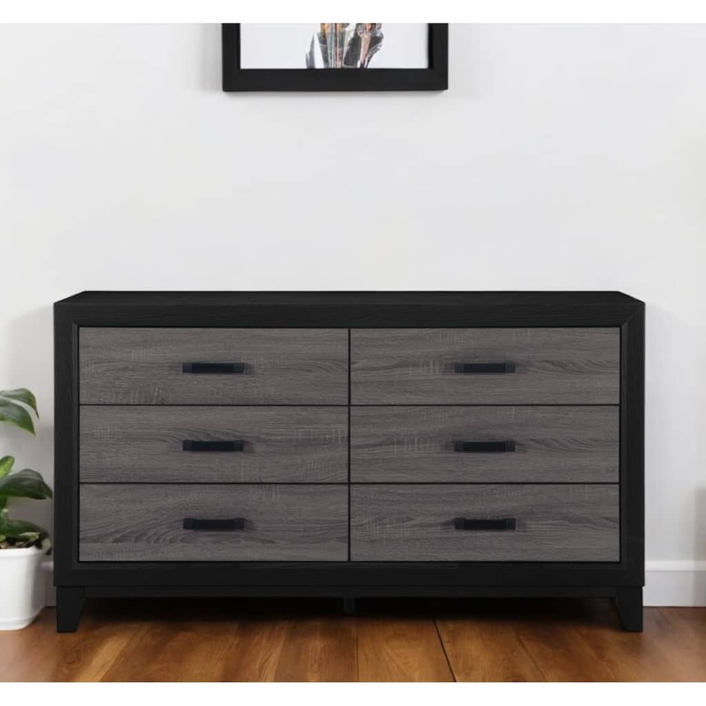 HomeRoots 58" Black And Gray Wood Six Drawer Double Dresser