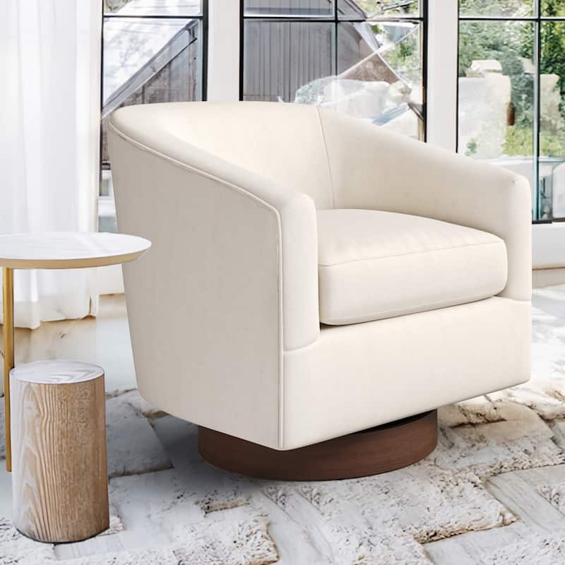 Modern Accent Chair Upholstered Fabric Living Room Swivel Barrel Armchair Wood Frame - Ivory
