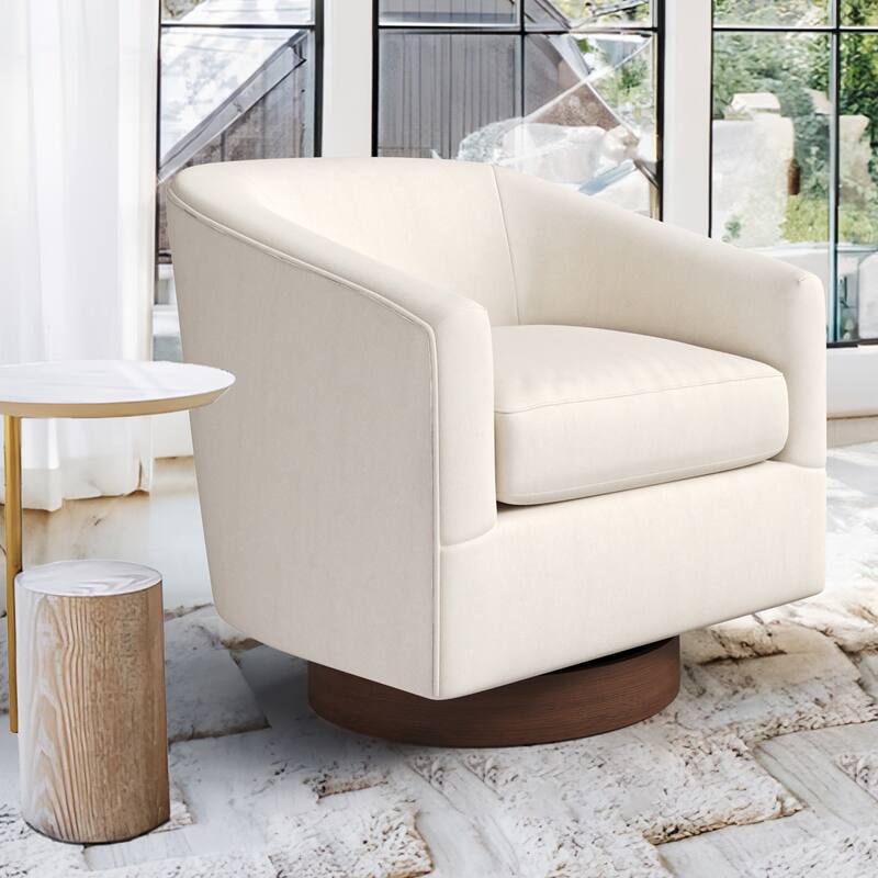 Modern Upholstered Swivel Barrel Accent Chair with Solid Wood Base, Arm Chair for Living Room - Ivory-Single