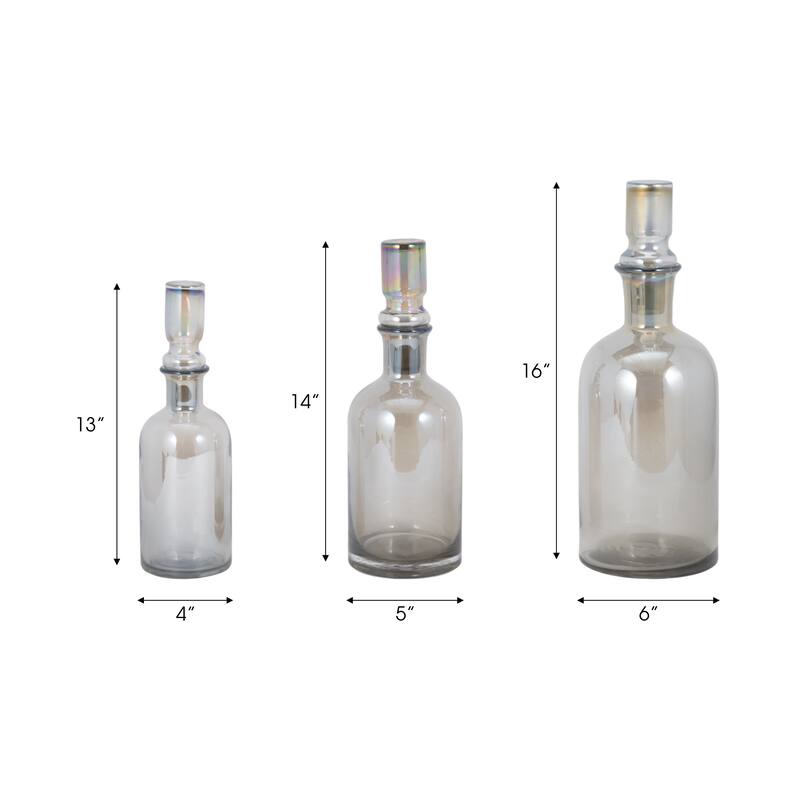 Sagebrook Home Callum Gray Glass Bottles, Grey, Cylinder, 16"H, Clear, 13/14/16", Set Of 3