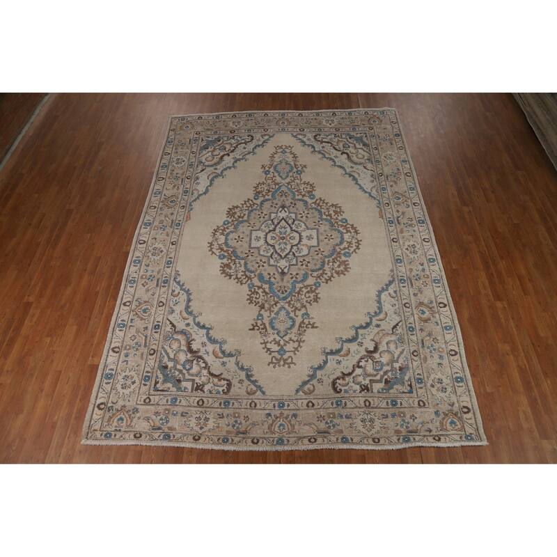 Hand Knotted Oriental 100% Wool Carpet Traditional Medallion Beige & Ivories Tabriz Area Rug - 11' 7'' X 8' 4''