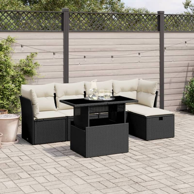 vidaXL Patio Sofa Set with Cushions Outdoor Furniture 6 Piece Poly Rattan - 21.7 x 39.4 x 28.7 in - Black and cream without storage