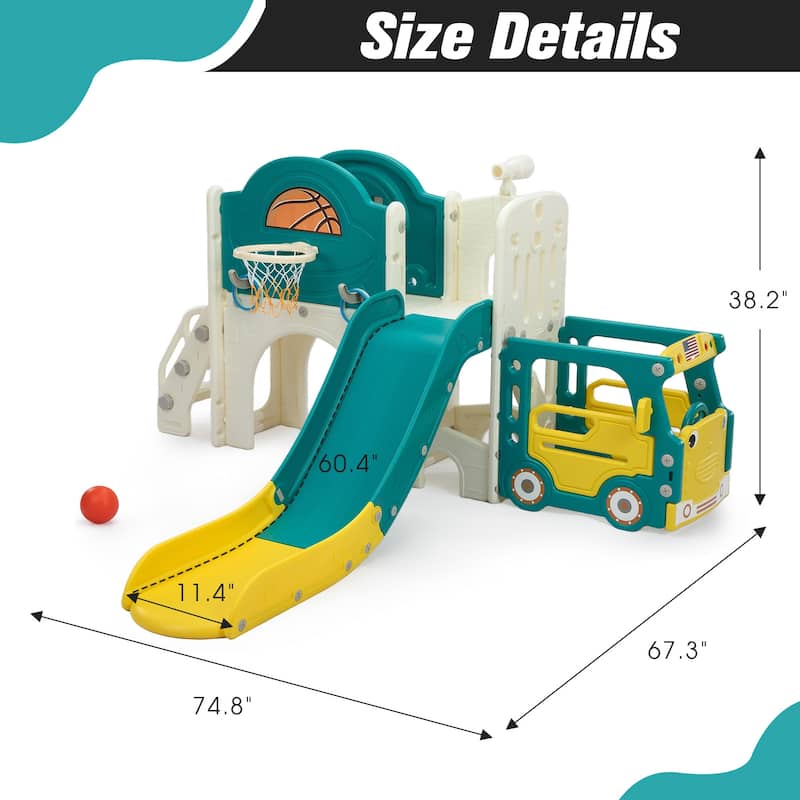 Bus-Themed 9-in-1 Kids Slide & Climbing Playset,Freestanding Castle Playhouse
