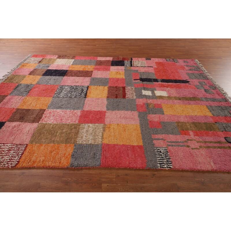Checkered Moroccan Oriental Area Rug Hand-Knotted Wool Carpet - 7'11" x 10'0"