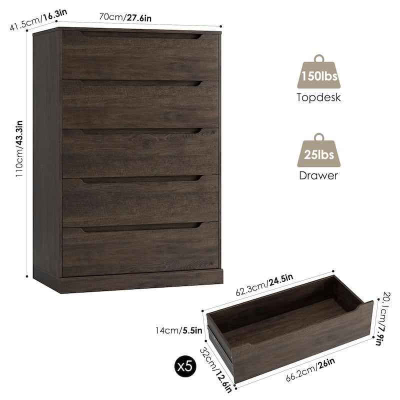 5-Drawer Dresser for Bedroom, 50" Tall Freestanding Vertical Wooden Chest Storage