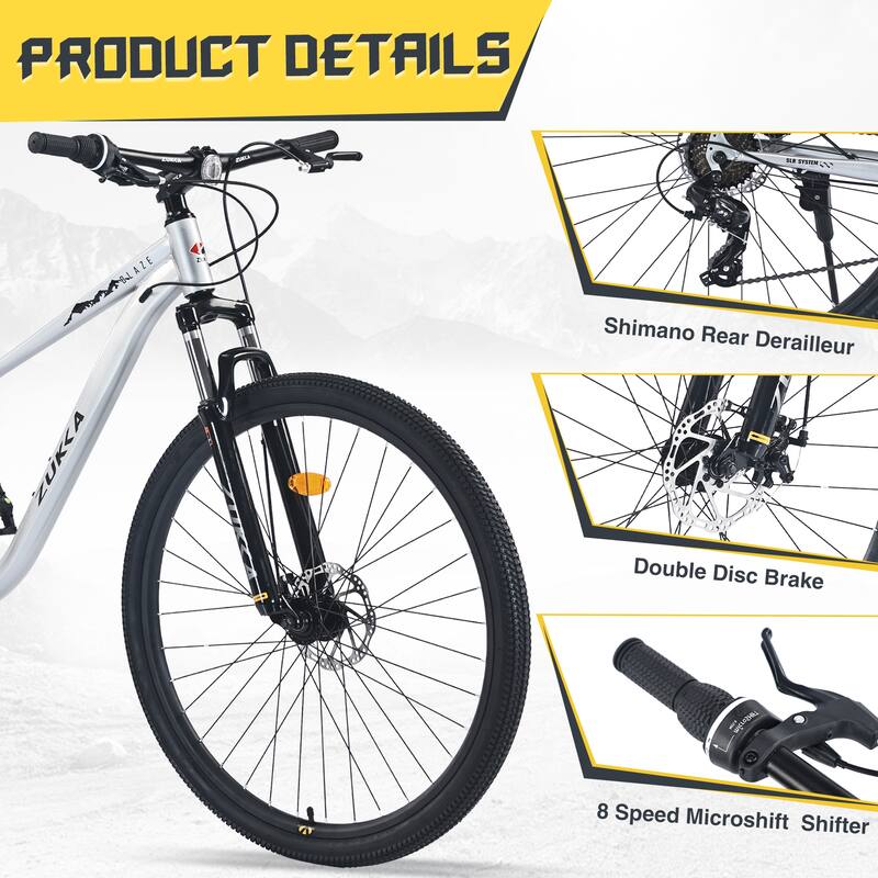29 Inch Mountain Bike, 8-Speed Steel Frame with Front Suspension and Double Disc Brakes for Adults