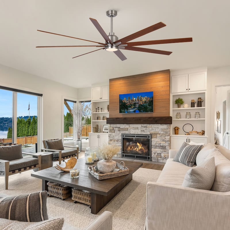 YUHAO 84 In. Indoor/Outdoor Modern Industrial Large Windmill Aluminum Blade Ceiling Fans With Lights, Quiet DC Motor and Remote