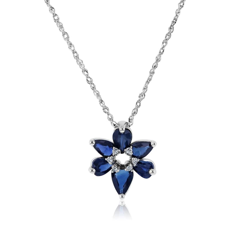 Kobelli 1.75 Carat Dark Blue Sapphire & Diamond 14k White Gold Six Petal Flower Leia Necklace