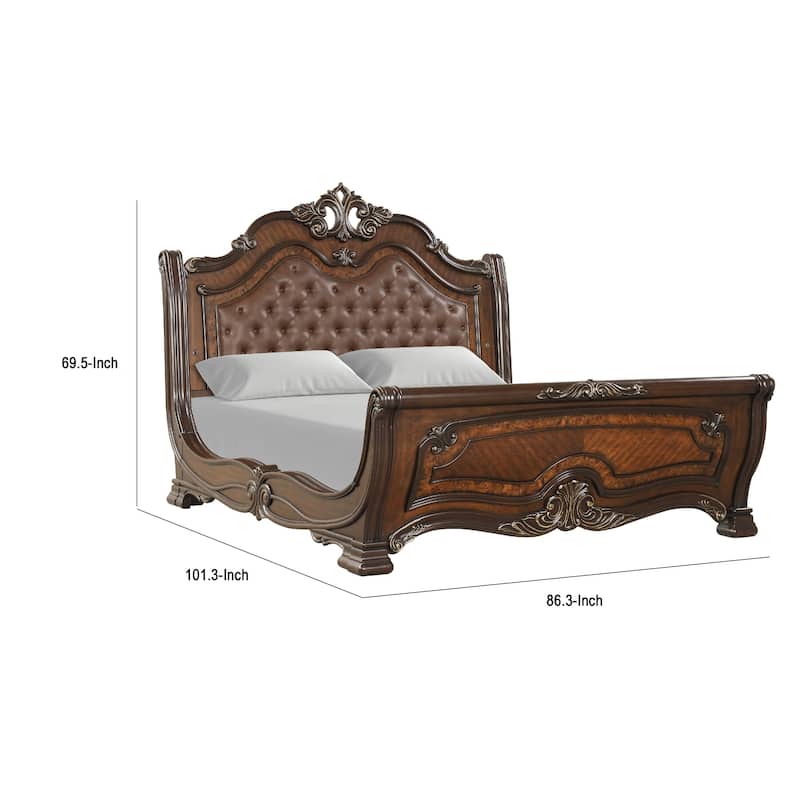Ruth King Bed, Faux Leather Headboard with Burl Inlays, Mahogany Brown