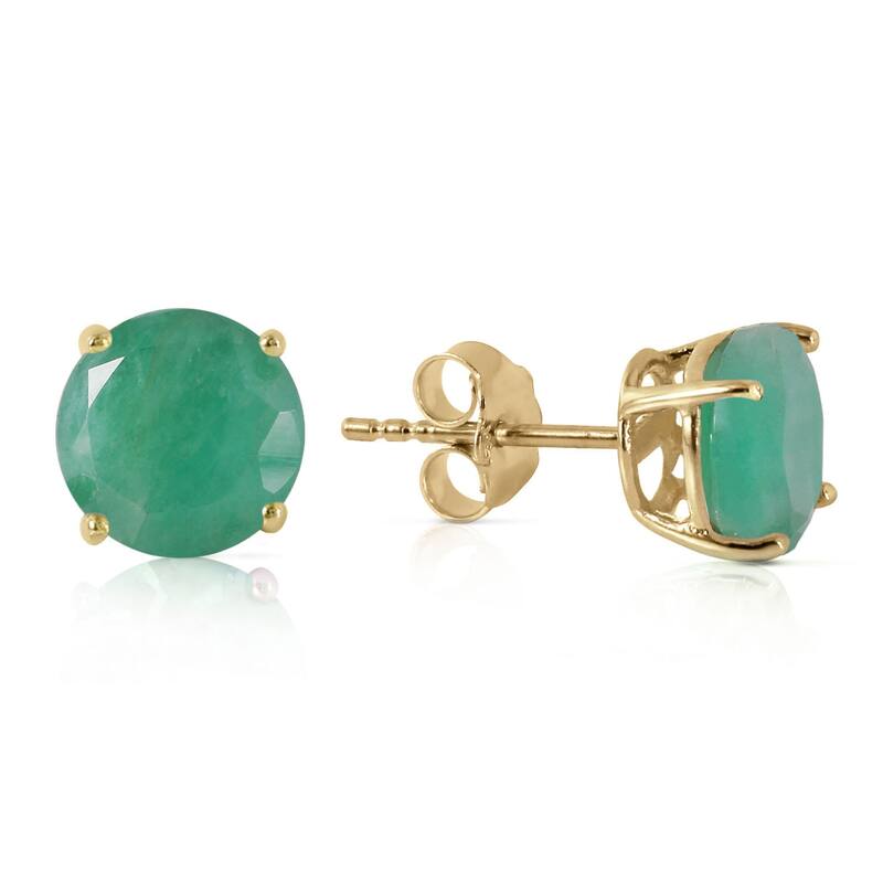 14K Solid Gold Stud Earrings Round Shaped Natural Emerald Gemstone - Yellow