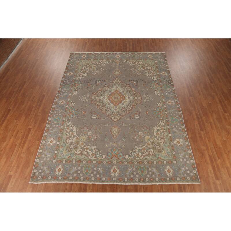 Gray Distressed Tabriz Persian Vintage Area Rug Handmade Wool Carpet - 9'7"x 13'0"