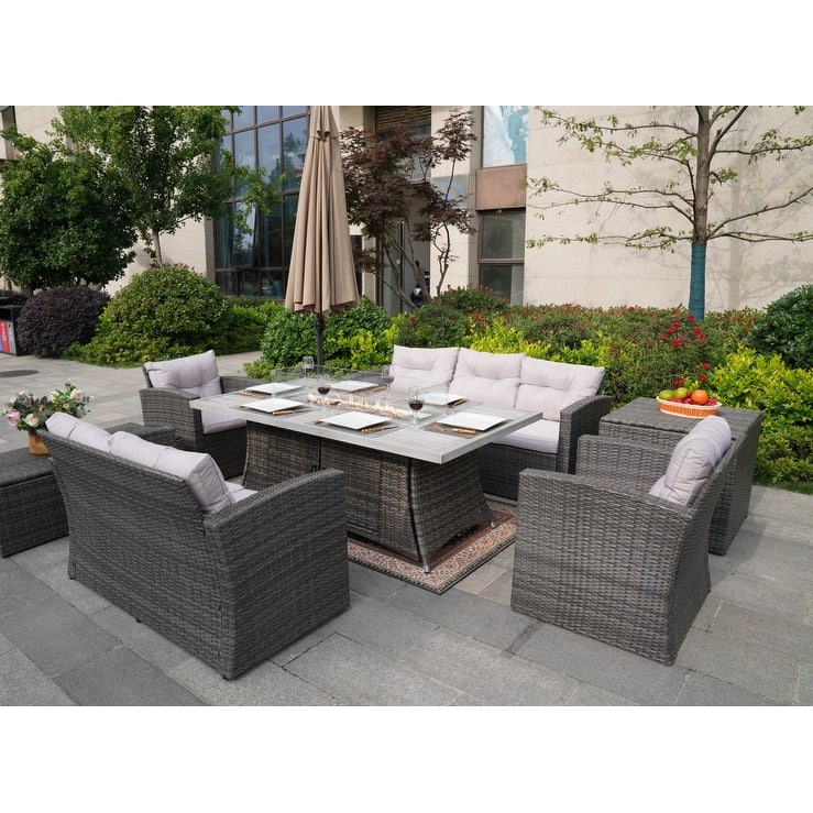 7-Piece Patio Wicker Sofa Set With Aluminum Dining Table and Storage End Table