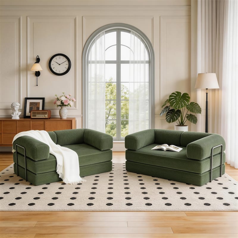 2 Set Corduroy Large Couch Convertible Floor Sofa Bed Sleeper - Green