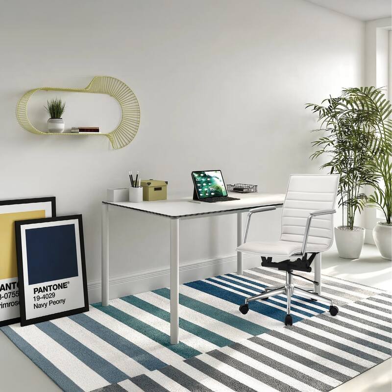 Modern Office Desk Chair | Upholstered PU Leather Ribbed Mid Back with Metal Frame | Adjustable Height, Tilt Lock