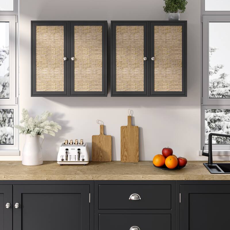 Rattan Wall Cabinets with Adjustable Shelf and LED Light Set of 2