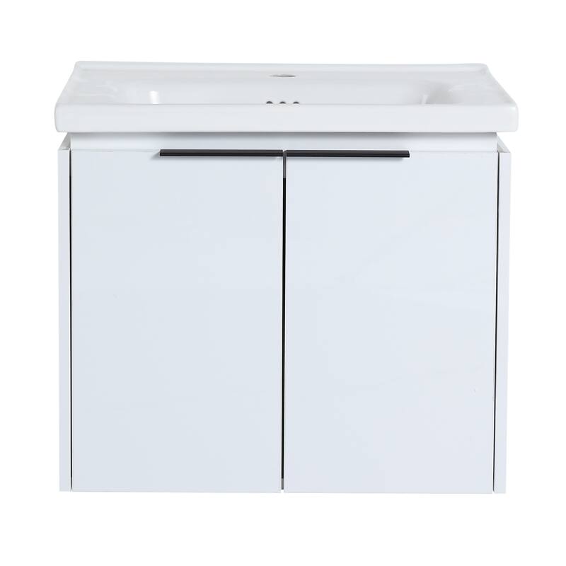 Wall Mounted Bathroom Vanity with Ceramic Basin, Soft Closing Doors, and Metal Handles for Modern Bathroom Storage