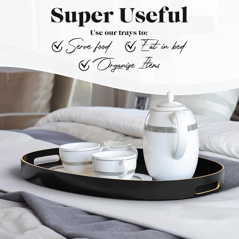 American Atelier Serving Oval Tray with Gold Trimming Handles - 15.3 x 10.6 in