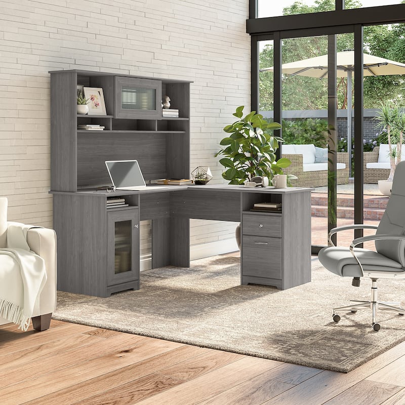 Cabot 60W L-Shaped Desk with Hutch and Storage by Bush Furniture - Modern Gray
