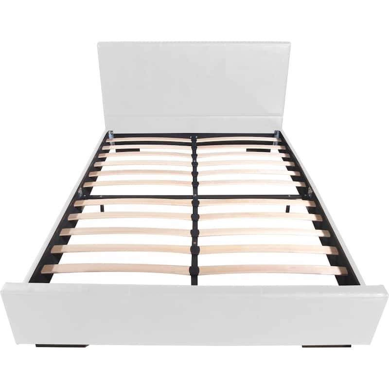 White Faux Leather Queen Bed Frame with Upholstered Panel Headboard and Slats