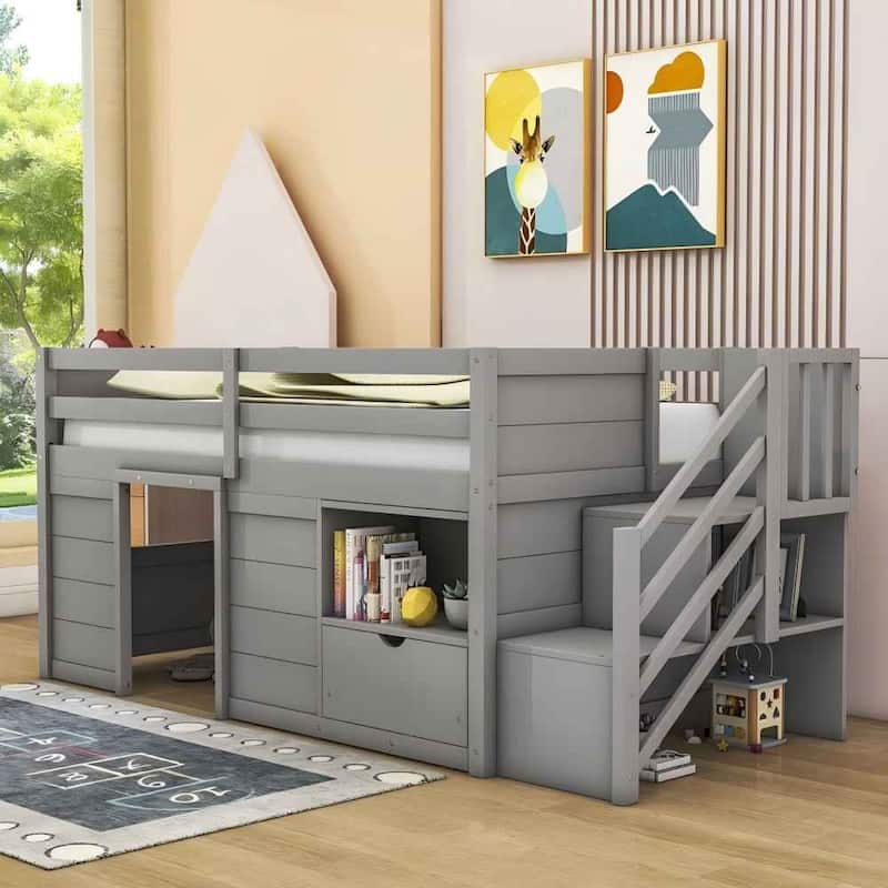 Solid Wood Low Loft Bed With Drawer and Stair,Twin Szie - Grey