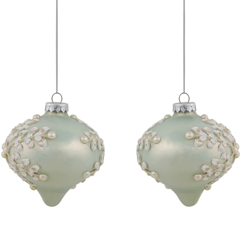 Set of 2 Green Sky Blue Textured Snowflakes Onion Christmas Glass Ornaments 4"