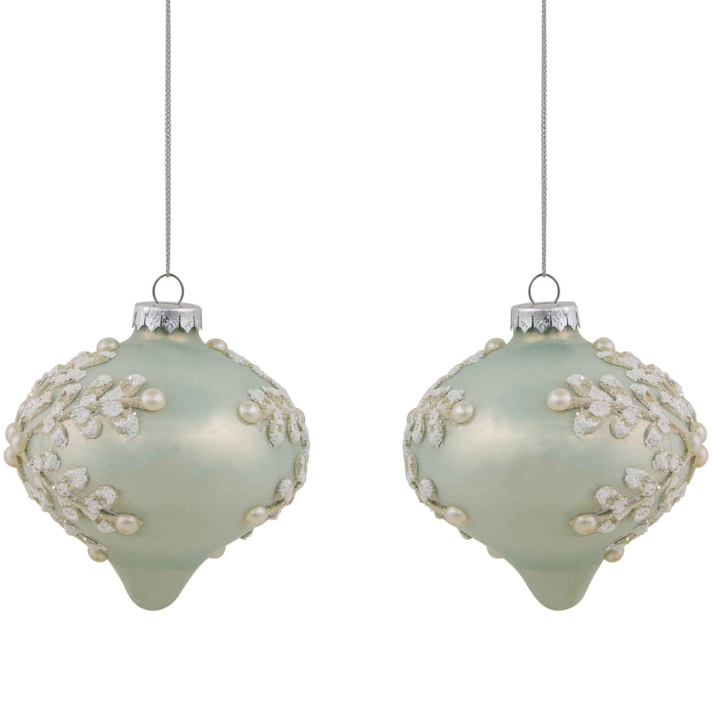 Set of 2 Green Sky Blue Textured Snowflakes Onion Christmas Glass Ornaments 4"