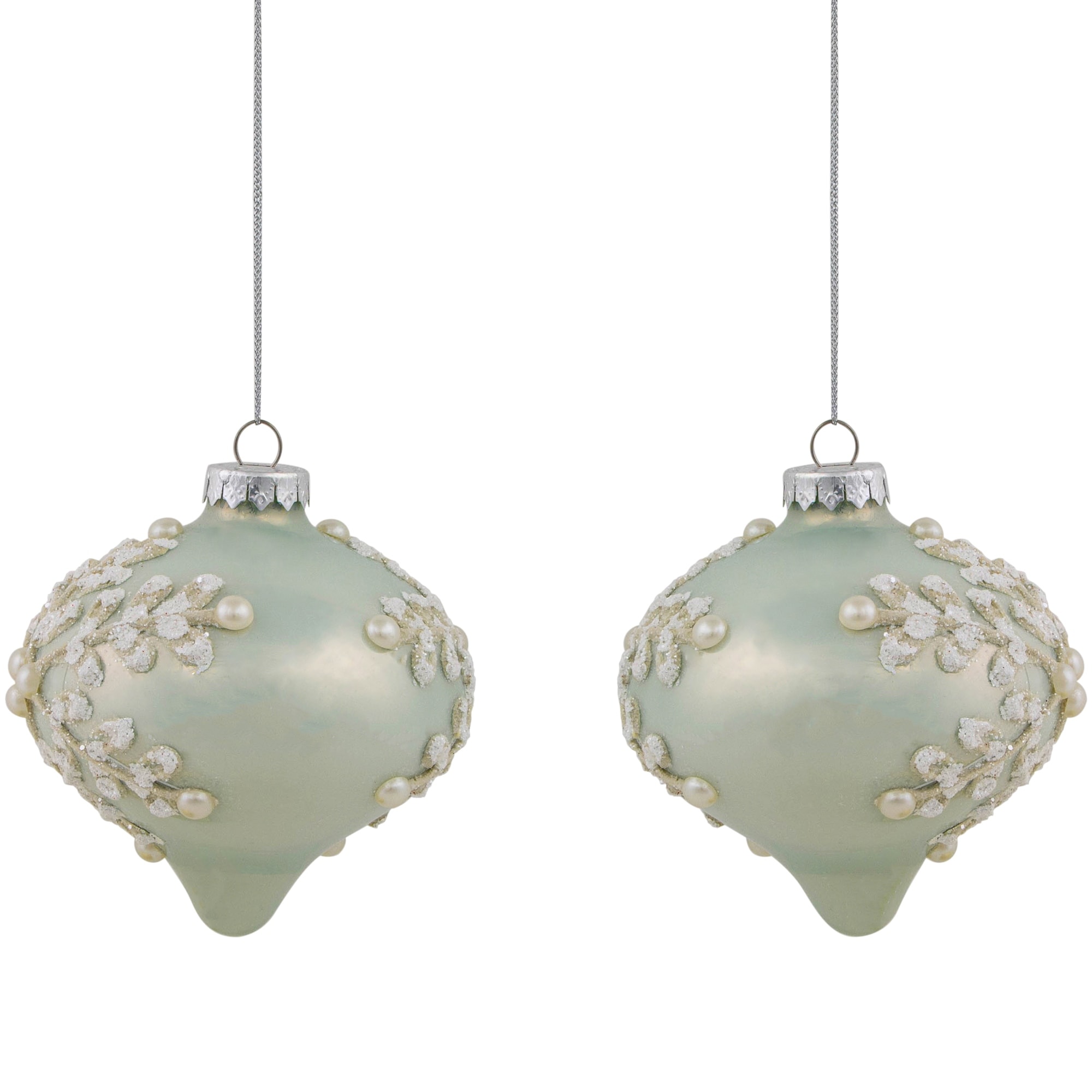 Set of 2 Green Sky Blue Textured Snowflakes Onion Christmas Glass Ornaments 4"