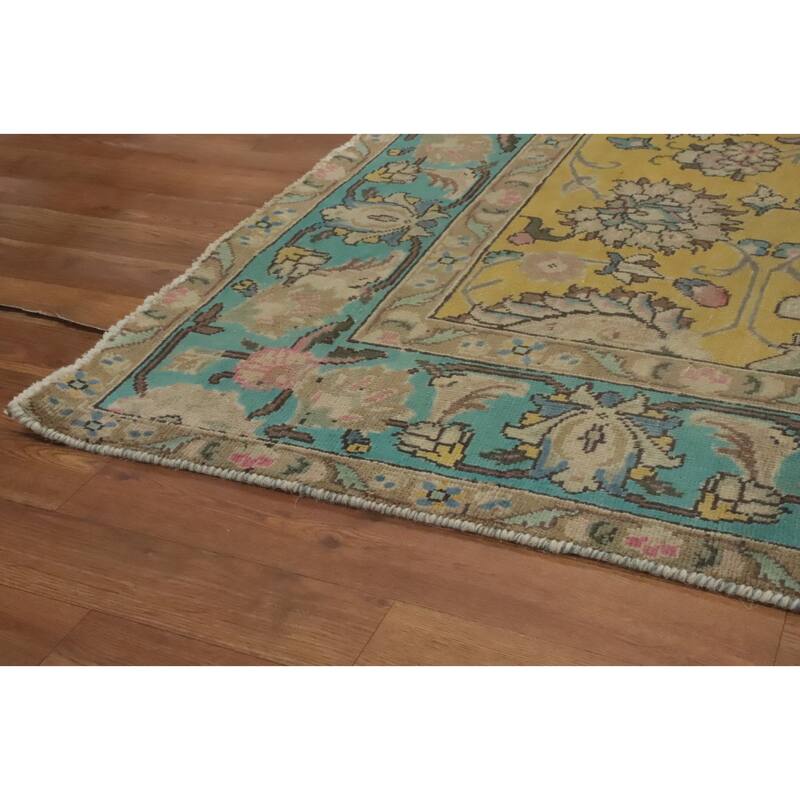 Hand Knotted Oriental 100% Wool Carpet Traditional Floral Yellow & Gold Tabriz Area Rug - 9' 0'' X 6' 4''