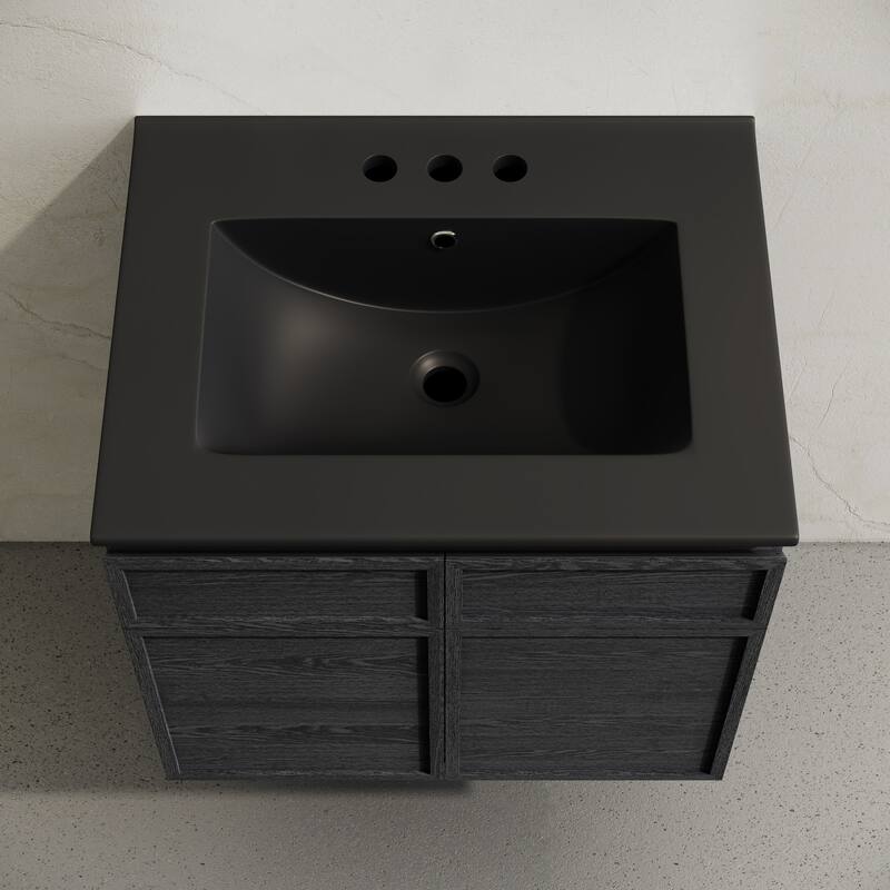 St. Tropez 24" Wall-Mounted Bathroom Vanity In Black Oak With Black 3-Hole Centerset Sink Top - 24