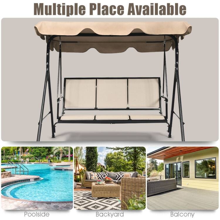 3 Person Steel Frame Patio Swing with Polyester Angle and Adjustable Canopy - Brown - 67" x 43.5" x 60.5" (L x W x H)