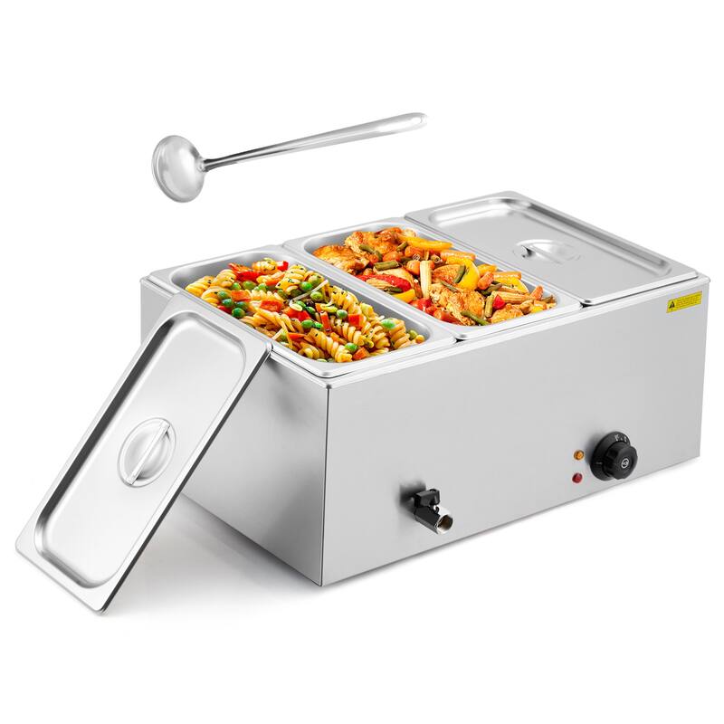 21QT Electric Commercial Food Warmer, Stainless Steel Bain Marie Steam Table Countertop Soup Station for Parties Buffet - 3 Pan