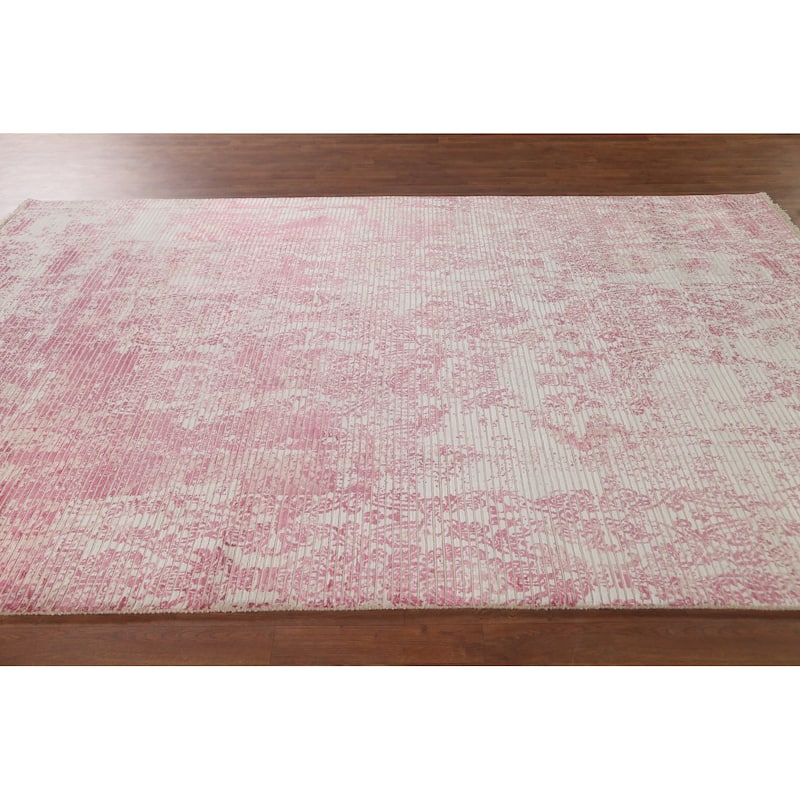 Striped Pink Abstract Modern Area Rug Hand-Knotted Wool Carpet - 6'5"x 9'8"