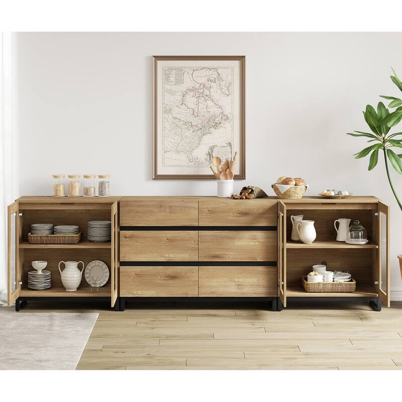 WAMPAT 3 in 1 Multifunctional Dresser with Glass Doors and 6 Drawers, Modern Chest of Drawers for Bedroom
