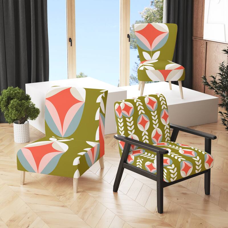Designart "Retro Botanical Pattern I" Upholstered Mid-Century Accent Chair - Arm Chair