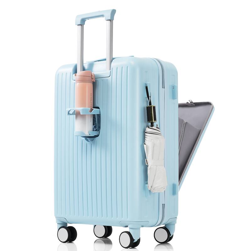 Merax 3 Piece ABS Hardshell Front-Opening Luggage Sets, Carry on Suitcase with USB Port and Cup Holder & Spinner Wheels
