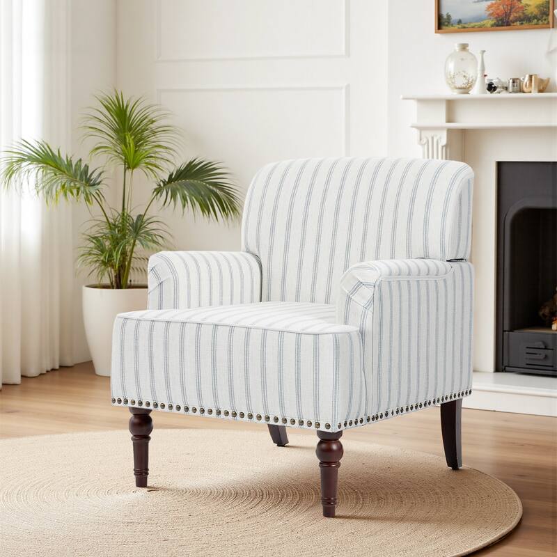Linen Accent Chairs Nailhead Trim Armchairs with Wooden Legs - Pinstripe Light Blue