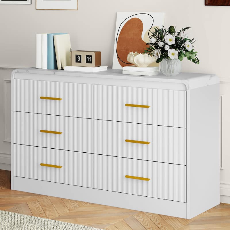 Moasis Fluted Dresser with 6 Drawers, 47" Wide Chest of Drawers with Metal Handle for Bedroom Storage Organizer