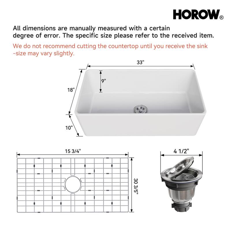 HOROW White Fireclay 33 in. L x 18 in. W Rectangular Single Bowl Farmhouse Apron Kitchen Sink with Grid and Strainer
