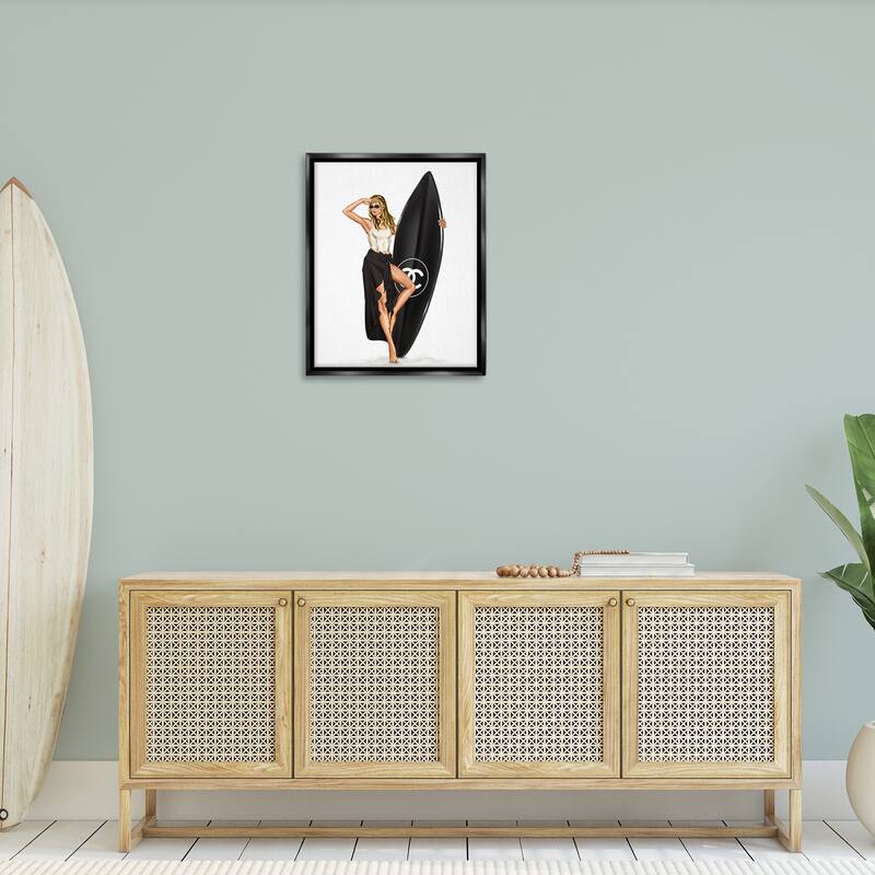 Stupell Trendy Surfer Girl in Black Framed Floater Canvas Wall Art Design By Ziwei Li