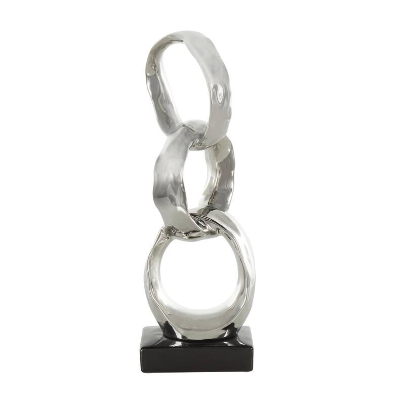 Silver or Gold Ceramic Interlocked Ring Abstract Decorative Sculpture with Black Base